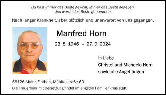 Traueranzeige von Manfred Horn von Allgemeine Zeitung Mainz