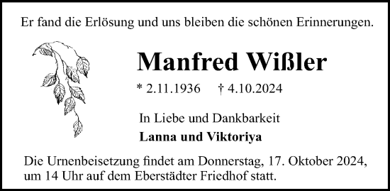 Traueranzeige von Manfred Wißler von Darmstädter Echo