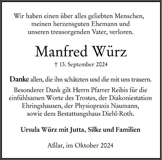 Traueranzeige von Manfred Würz von Wetzlarer Neue Zeitung