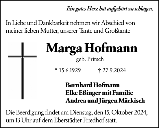 Traueranzeige von Marga Hofmann von Darmstädter Echo