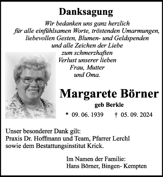 Traueranzeige von Margarete Börner von Allgemeine Zeitung Rheinhessen-Nahe