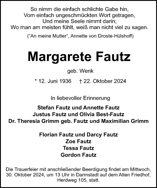 Traueranzeige von Margarete Fautz von Darmstädter Echo