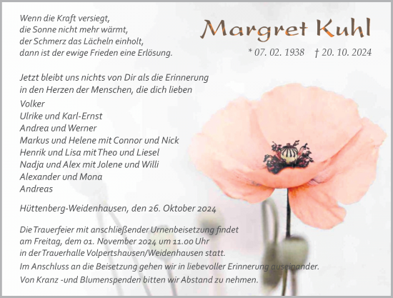 Traueranzeige von Margret Kuhl von Wetzlarer Neue Zeitung