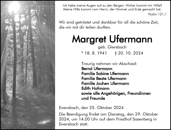 Traueranzeige von Margret Ufermann von Dill Block