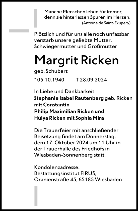 Traueranzeige von Margrit Ricken von Wiesbadener Kurier