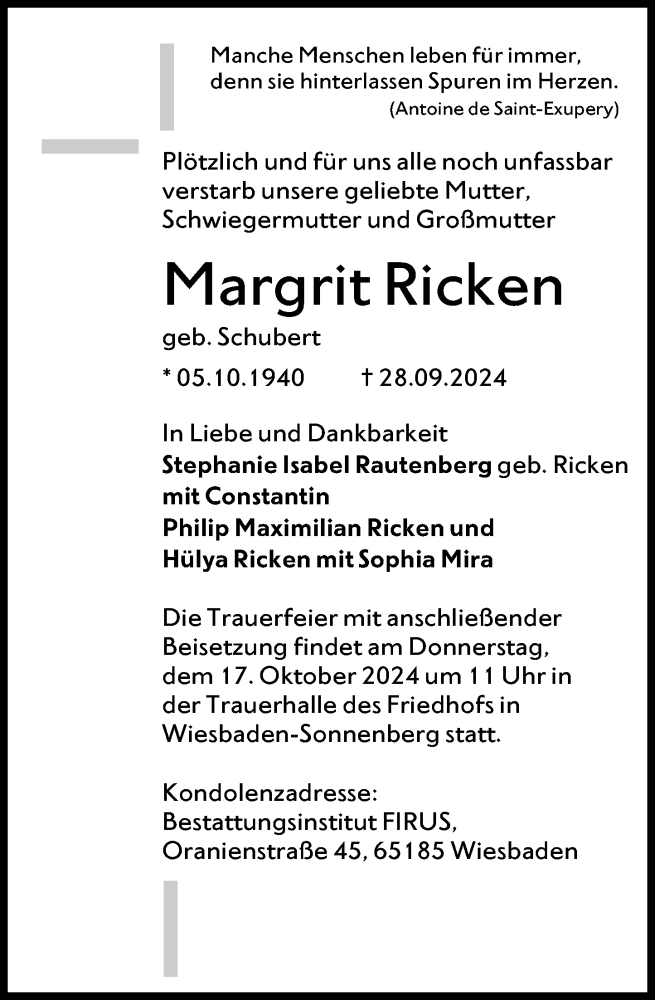  Traueranzeige für Margrit Ricken vom 05.10.2024 aus Wiesbadener Kurier