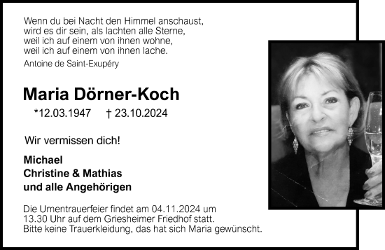 Traueranzeige von Maria Dörner-Koch von Darmstädter Echo