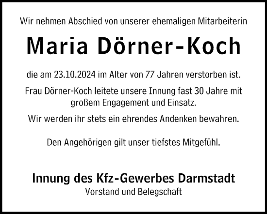 Traueranzeige von Maria Dörner-Koch von Darmstädter Echo