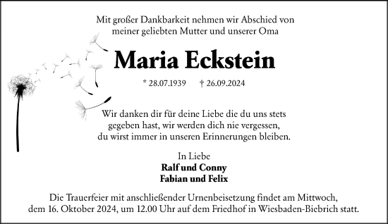 Traueranzeige von Maria Eckstein von Wiesbadener Kurier