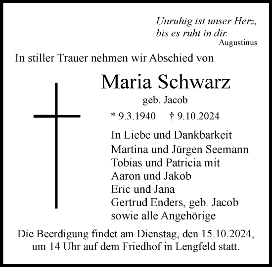 Traueranzeige von Maria Schwarz von Darmstädter Echo