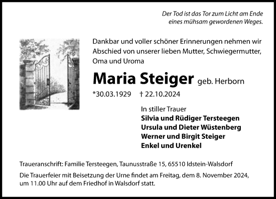 Traueranzeige von Maria Steiger von Camberger Anzeiger