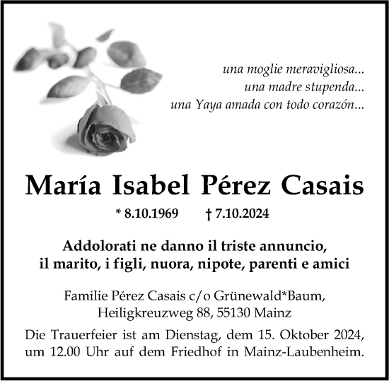 Traueranzeige von Maria Isabel Perez Casais von Allgemeine Zeitung Mainz