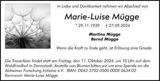 Traueranzeige von Marie-Luise Mügge von Darmstädter Echo