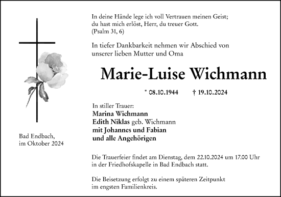 Traueranzeige von Marie-Luise Wichmann von Hinterländer Anzeiger