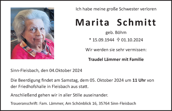 Traueranzeige von Marita Schmitt von Dill Block