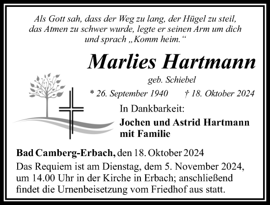 Traueranzeige von Marlies Hartmann von Camberger Anzeiger