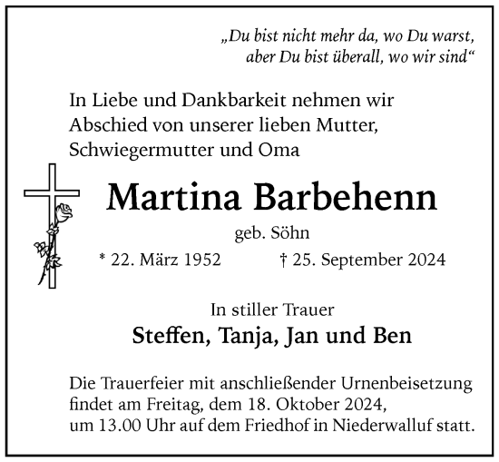 Traueranzeige von Martina Barbehenn von Rheingau Kurier