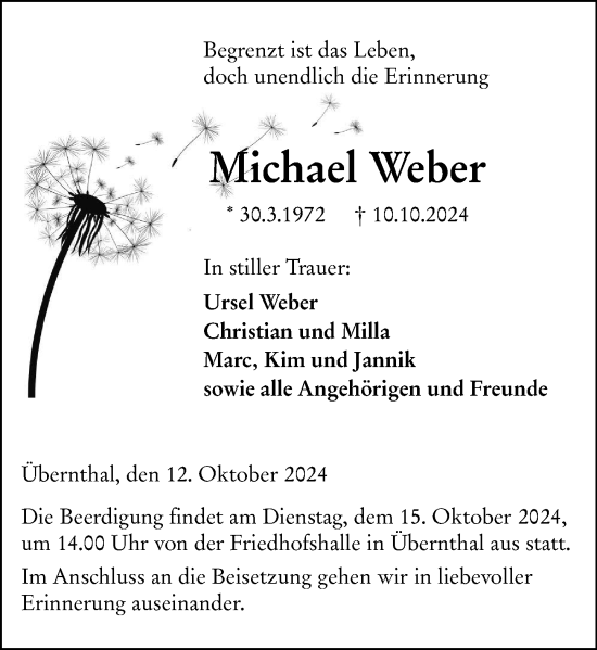 Traueranzeige von Michael Weber von Dill Block