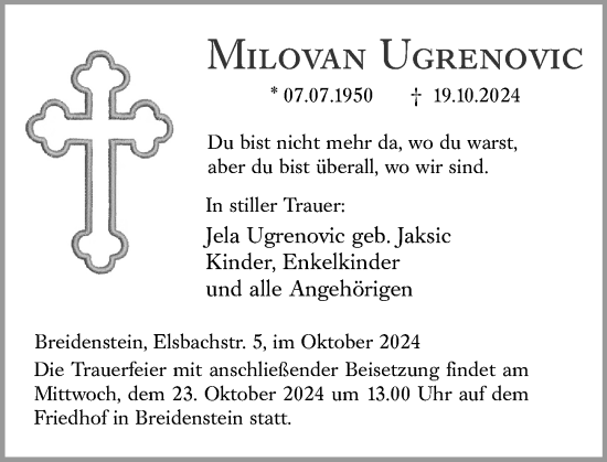 Traueranzeige von Milovan Ugrenovic von Hinterländer Anzeiger