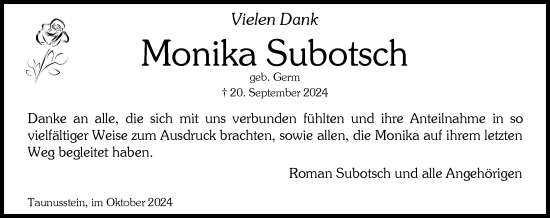 Traueranzeige von Monika Subotsch von Wiesbadener Kurier