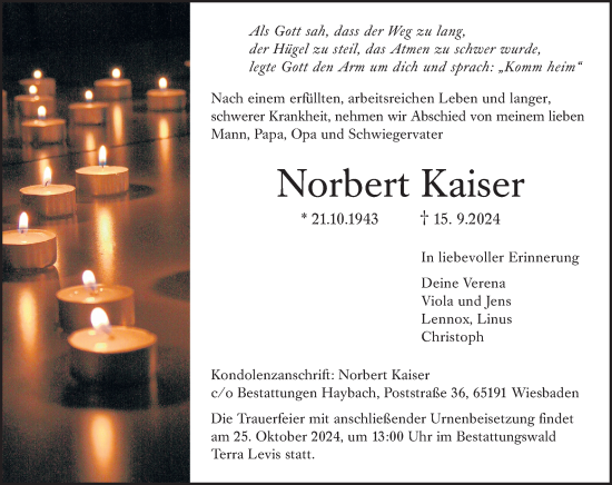 Traueranzeige von Norbert Kaiser von Wiesbadener Kurier