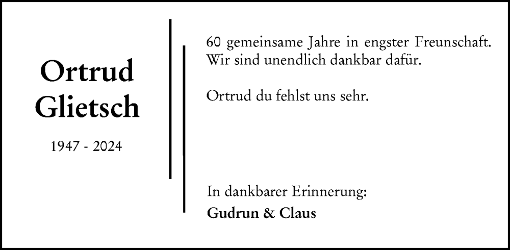  Traueranzeige für Ortrud Glietsch vom 23.10.2024 aus Allgemeine Zeitung Mainz