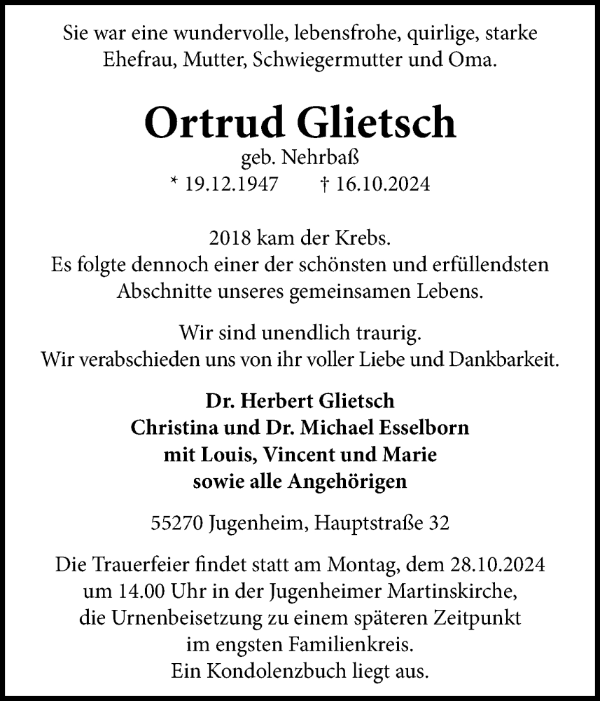  Traueranzeige für Ortrud Glietsch vom 23.10.2024 aus Allgemeine Zeitung Rheinhessen-Nahe