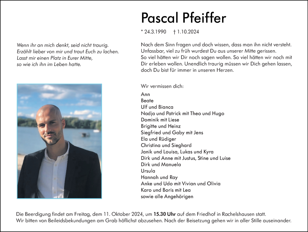  Traueranzeige für Pascal Pfeiffer vom 08.10.2024 aus Hinterländer Anzeiger