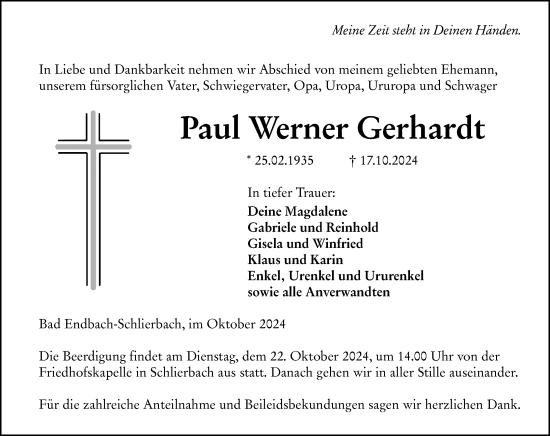 Traueranzeige von Paul Werner Gerhardt von Hinterländer Anzeiger