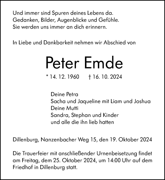 Traueranzeige von Peter Emde von Dill Block