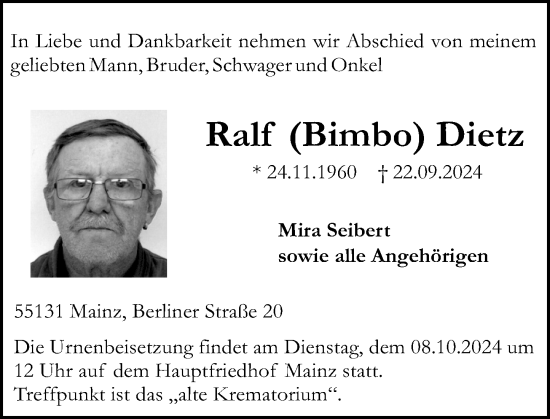 Traueranzeige von Ralf Dietz von Allgemeine Zeitung Mainz