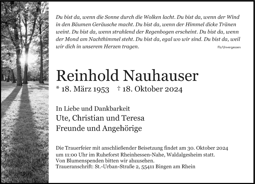  Traueranzeige für Reinhold Nauhauser vom 26.10.2024 aus Binger-/Ingelheimer Wochenblatt