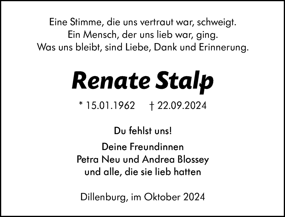  Traueranzeige für Renate Stalp vom 05.10.2024 aus Dill Block