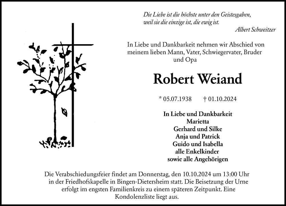  Traueranzeige für Robert Weiand vom 08.10.2024 aus Allgemeine Zeitung Rheinhessen-Nahe