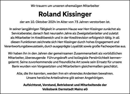 Traueranzeige von Roland Kissinger von Allgemeine Zeitung Rheinhessen-Nahe