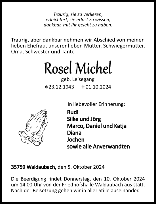 Traueranzeige von Rosel Michel von Dill Block