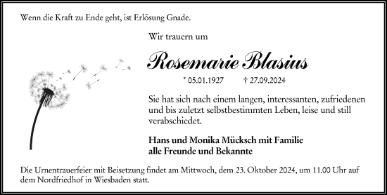 Traueranzeige von Rosemarie Blasius von Wiesbadener Kurier