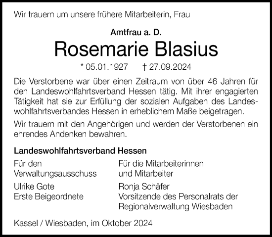 Traueranzeige von Rosemarie Blasius von Wiesbadener Kurier