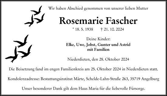 Traueranzeige von Rosemarie Fascher von Hinterländer Anzeiger