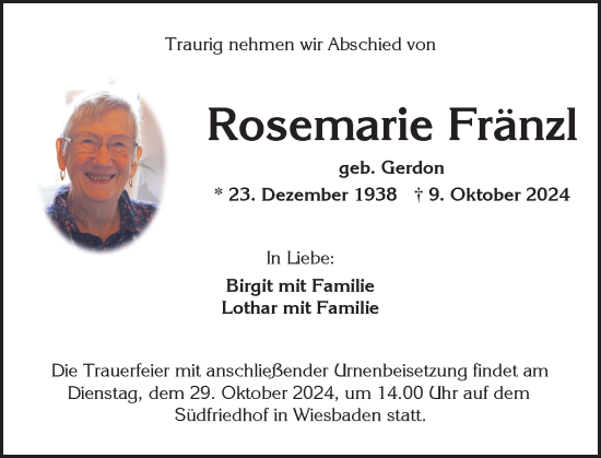 Traueranzeige von Rosemarie Fränzl von Wiesbadener Kurier