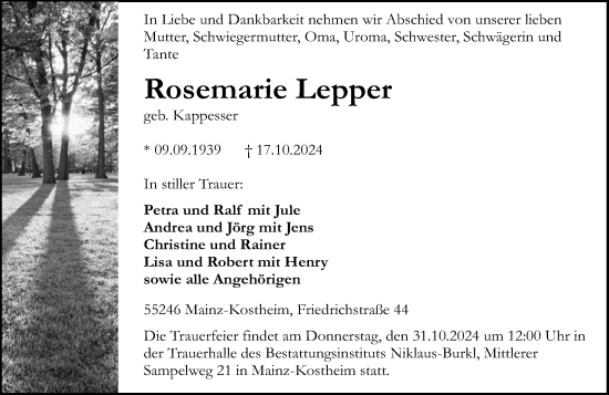 Traueranzeige von Rosemarie Lepper von Allgemeine Zeitung Mainz