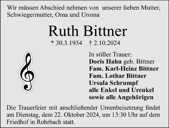 Traueranzeige von Ruth Bittner von Darmstädter Echo