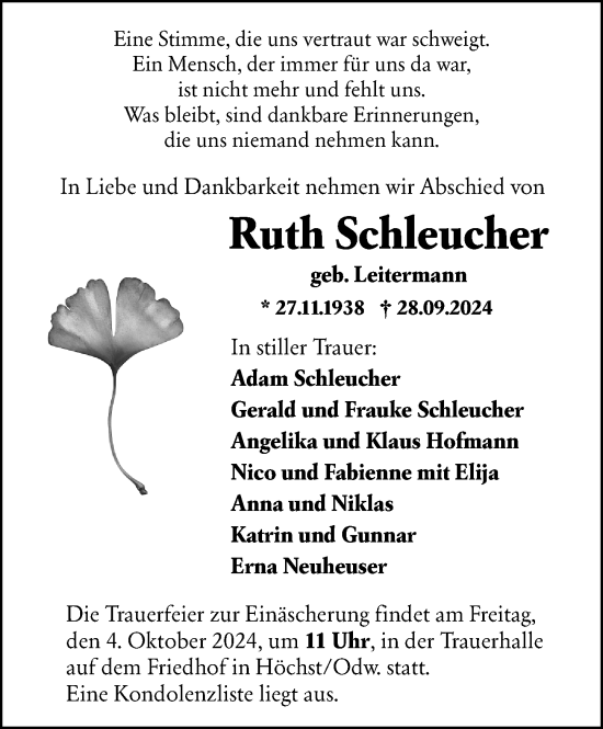 Traueranzeige von Ruth Schleucher von Odenwälder Echo