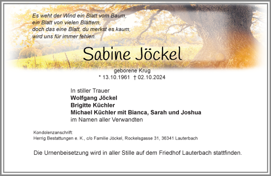 Traueranzeige von Sabine Jöckel von Dill Block