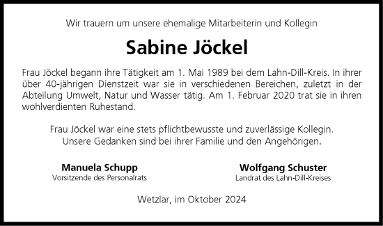 Traueranzeige von Sabine Jöckel von Dill Block