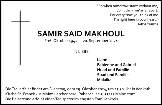 Traueranzeige von Samir Said Makhoul von Wiesbadener Kurier