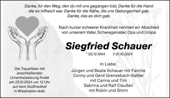 Traueranzeige von Siegfried Schauer von Wiesbadener Kurier