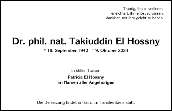 Traueranzeige von Takiuddin El Hossny von Wiesbadener Kurier