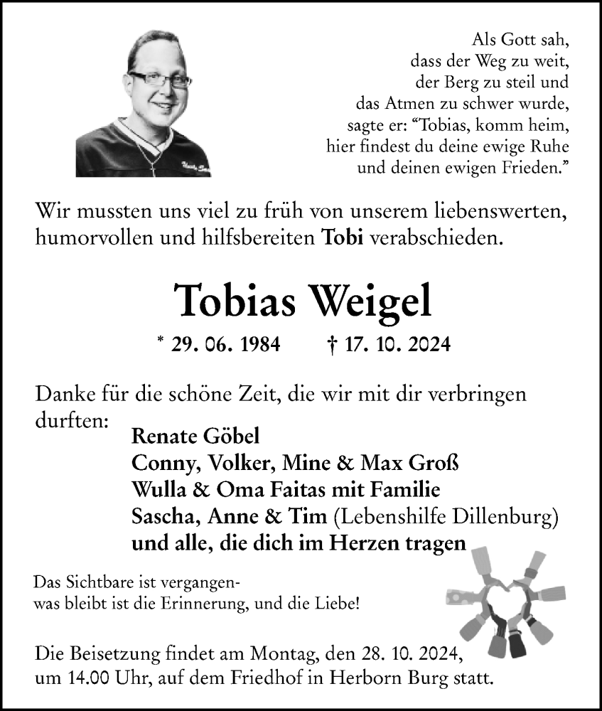  Traueranzeige für Tobias Weigel vom 23.10.2024 aus Dill Block