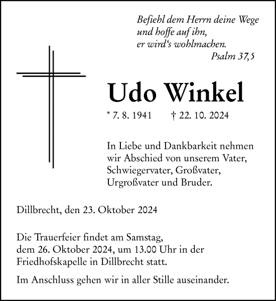 Traueranzeige von Udo Winkel von Dill Block